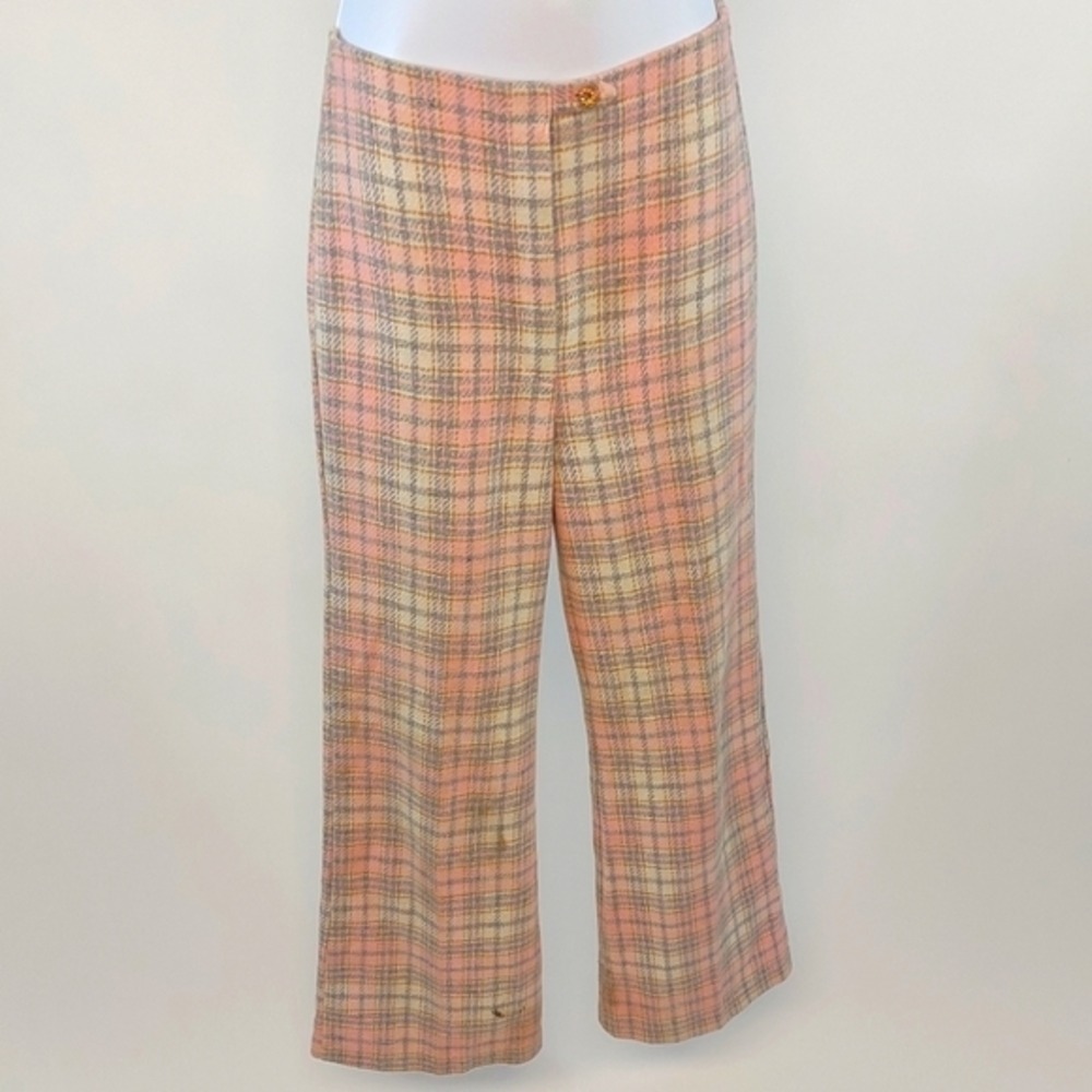 Union made 1970s pastel pink/grwy plaid wool/acrylic blend trousers size 2‎